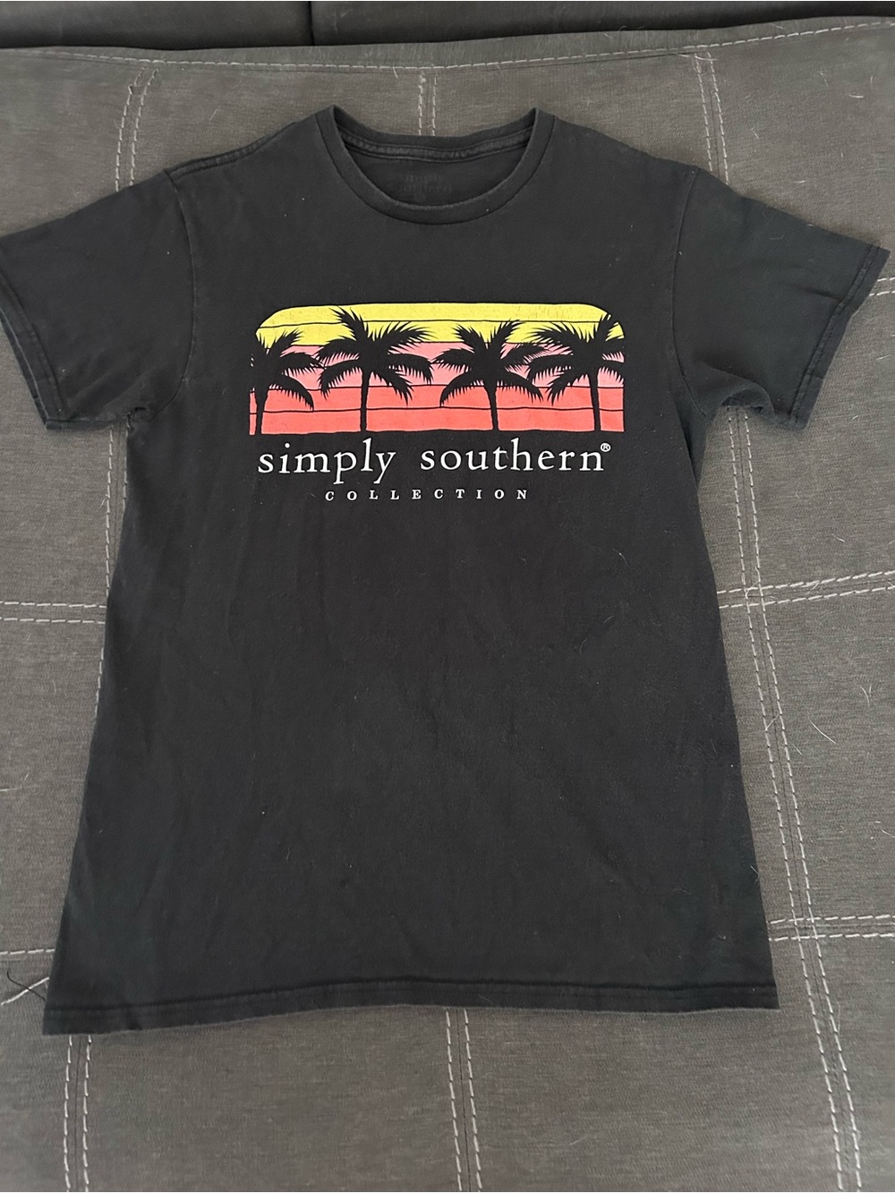 Simply Southern Black Tee with Yellow and Coral Palm Sunset Graphic